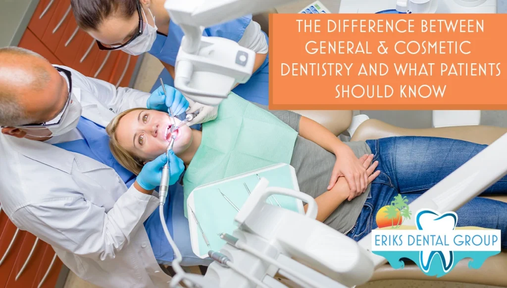 female patient in dentist chair while dentist and assitant work