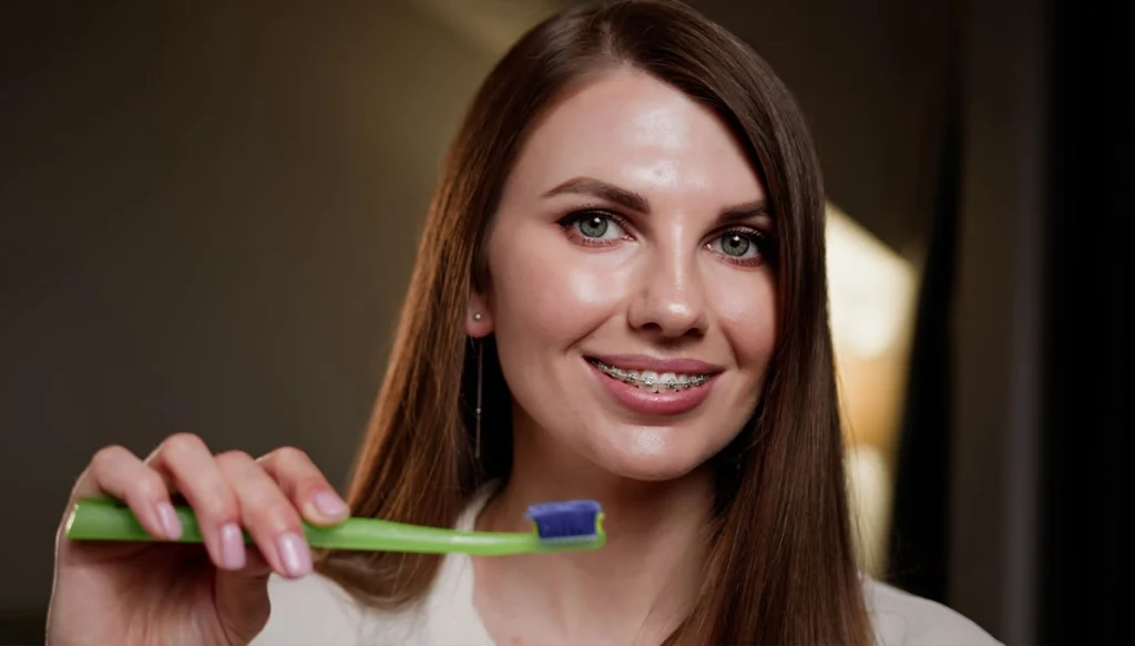 woman smiling while holding a toothbrush