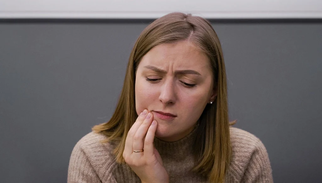 woman holding mouth with eyes closed in pain
