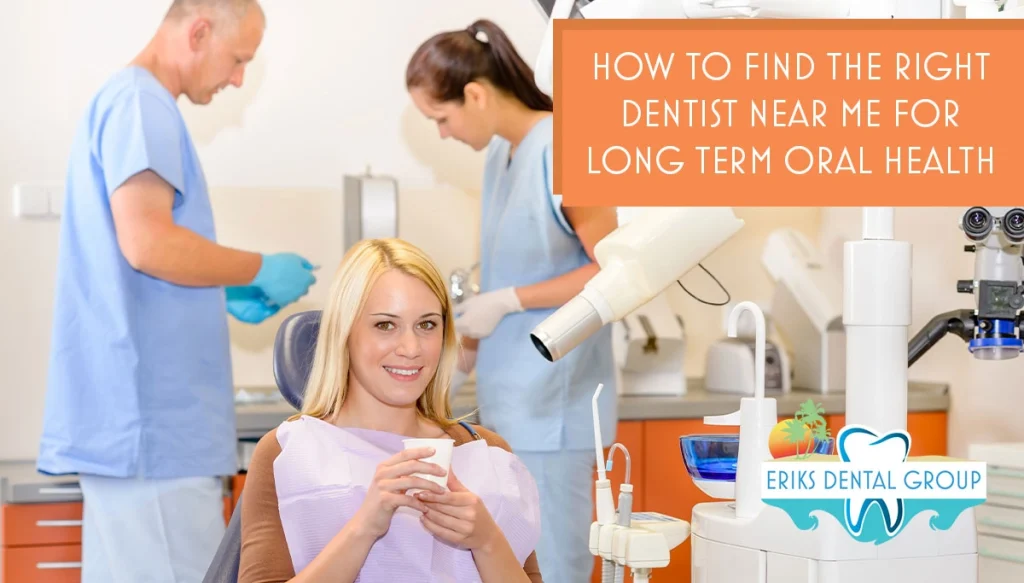 young woman in dentist chair while dentist and his assistant are working in the background